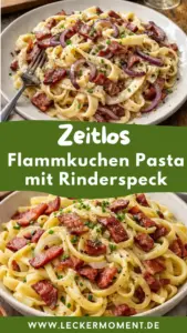 Flammkuchen Pasta mit Rinderspeck und Zwiebeln