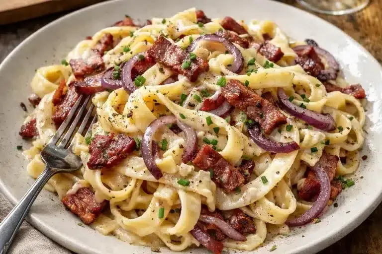 Flammkuchen Pasta mit Rinderspeck