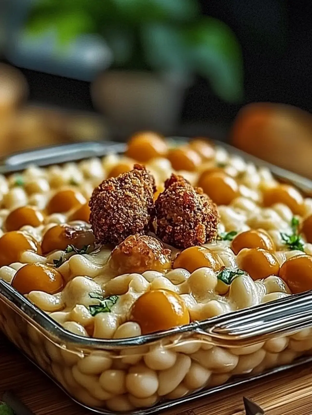 Saftiger Fleischbällchen-Nudelauflauf mit cremiger Tomatensauce 2 Fleischbällchen-Nudelauflauf
