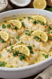 Gebackener Kabeljau in Kokos-Zitronen-Sahnesauce