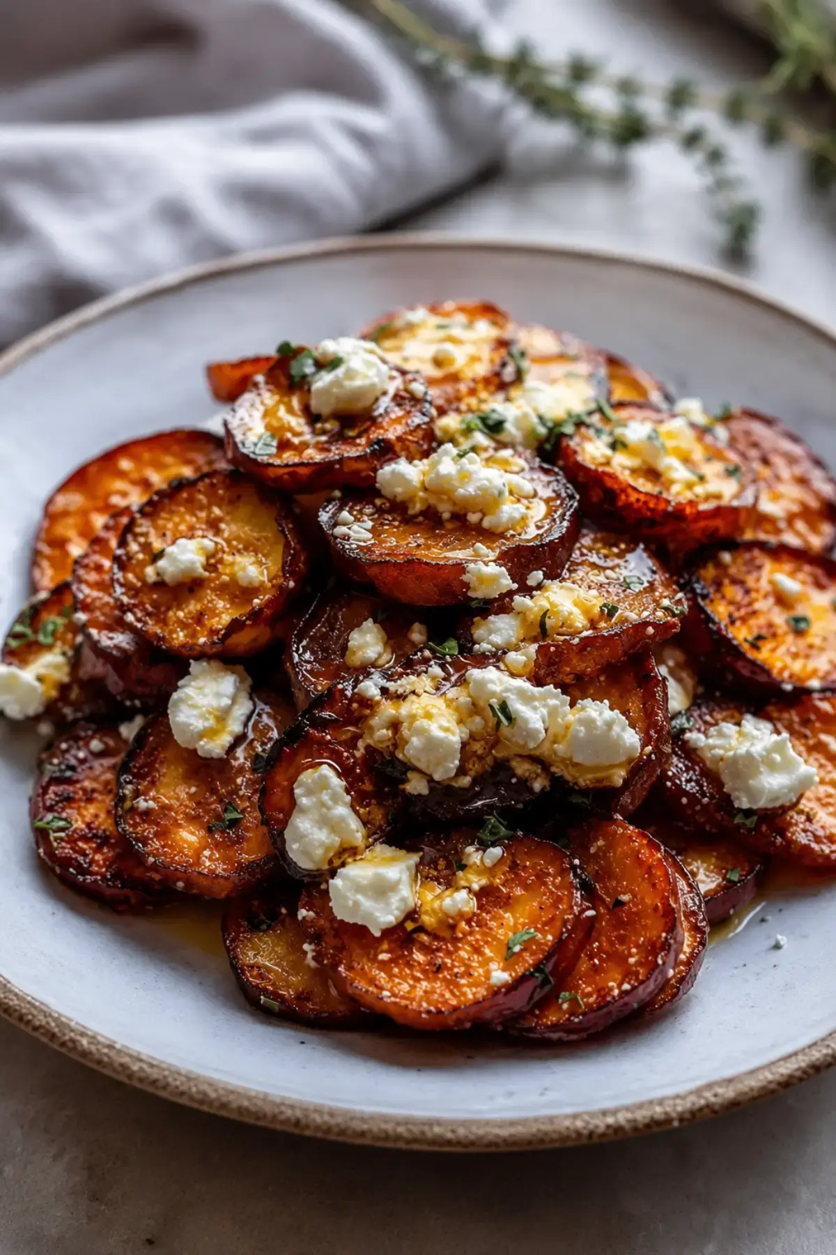 Gebratene Süßkartoffelscheiben mit Honig und Feta