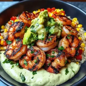 Gegrillte Garnelen-Schüssel mit Avocado, Maissalsa & cremiger Soße