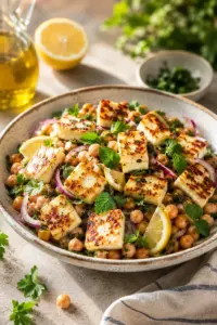 Gegrillter Halloumi-Kichererbsen-Salat mit Minz-Zitronen-Dressing