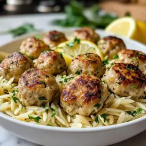Herzhafte griechische Hähnchenfleischbällchen mit Orzo
