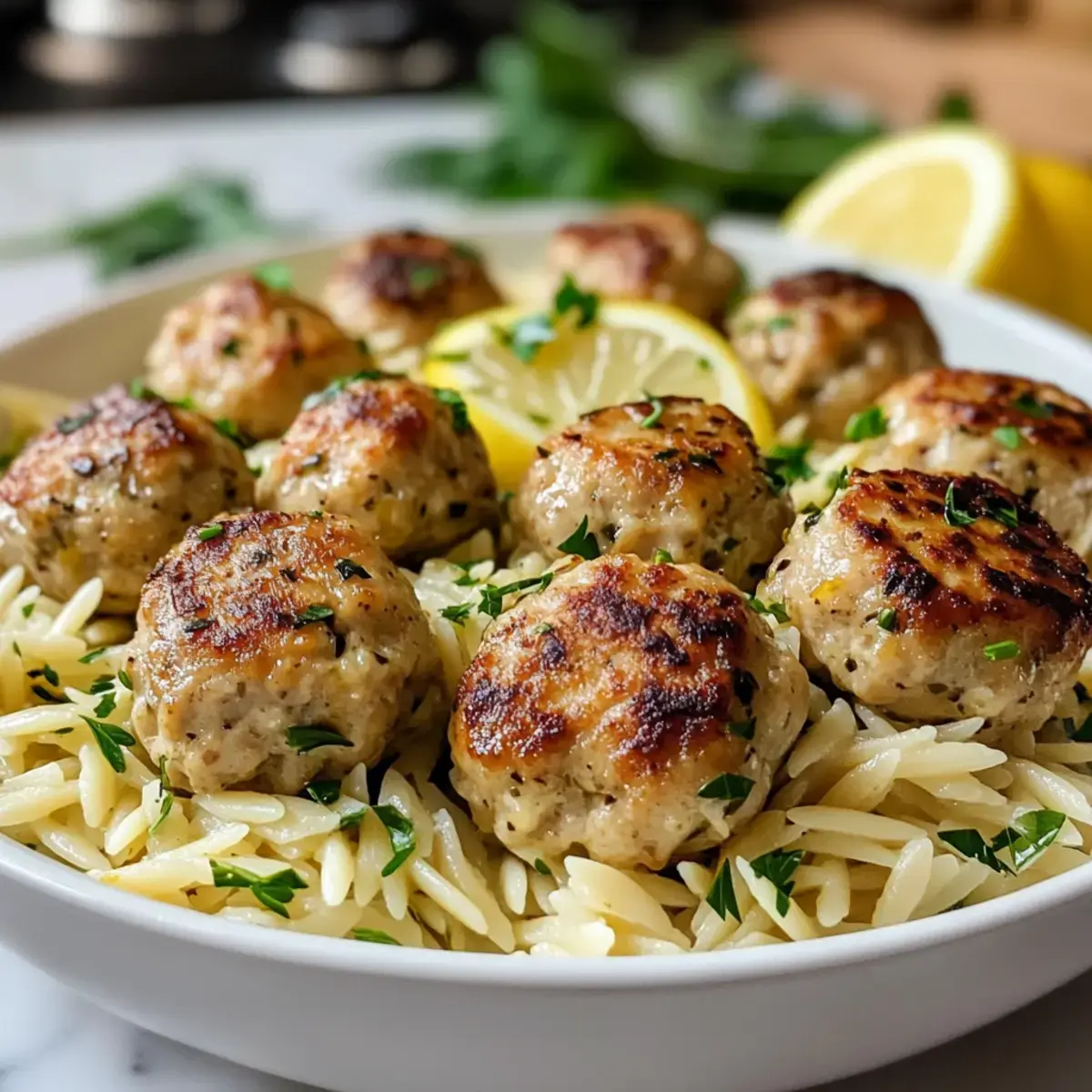 Griechische Hähnchenfleischbällchen mit Orzo