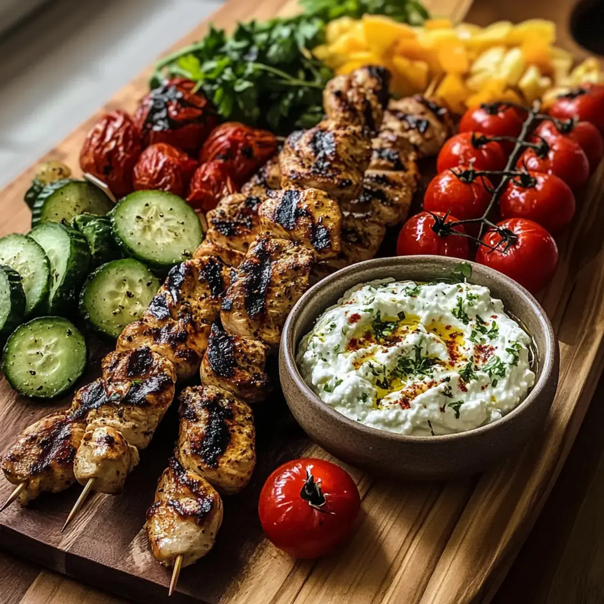 Griechisches Hähnchen Souvlaki Scharrbrett
