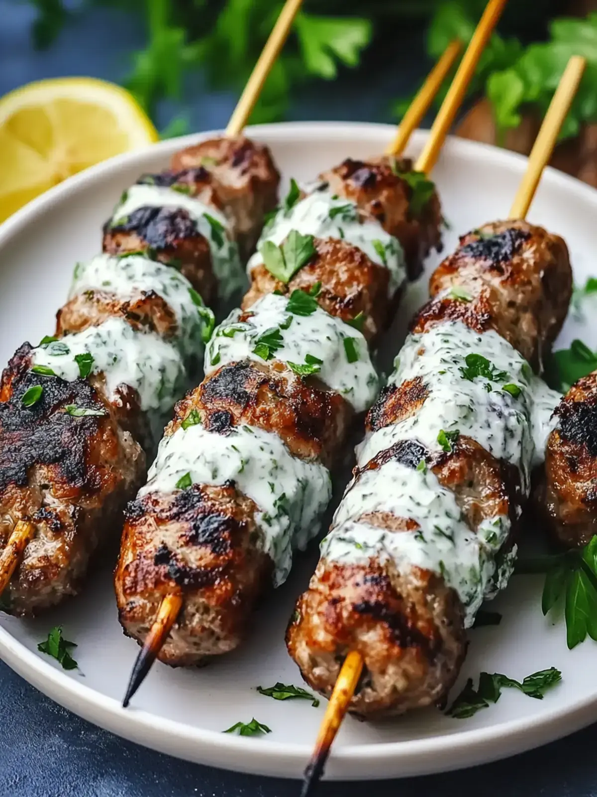 Saftige Hackfleischspieße mit Kräuterjoghurt – leckeres Rezept 2 Hackfleischspieße mit Kräuterjoghurt