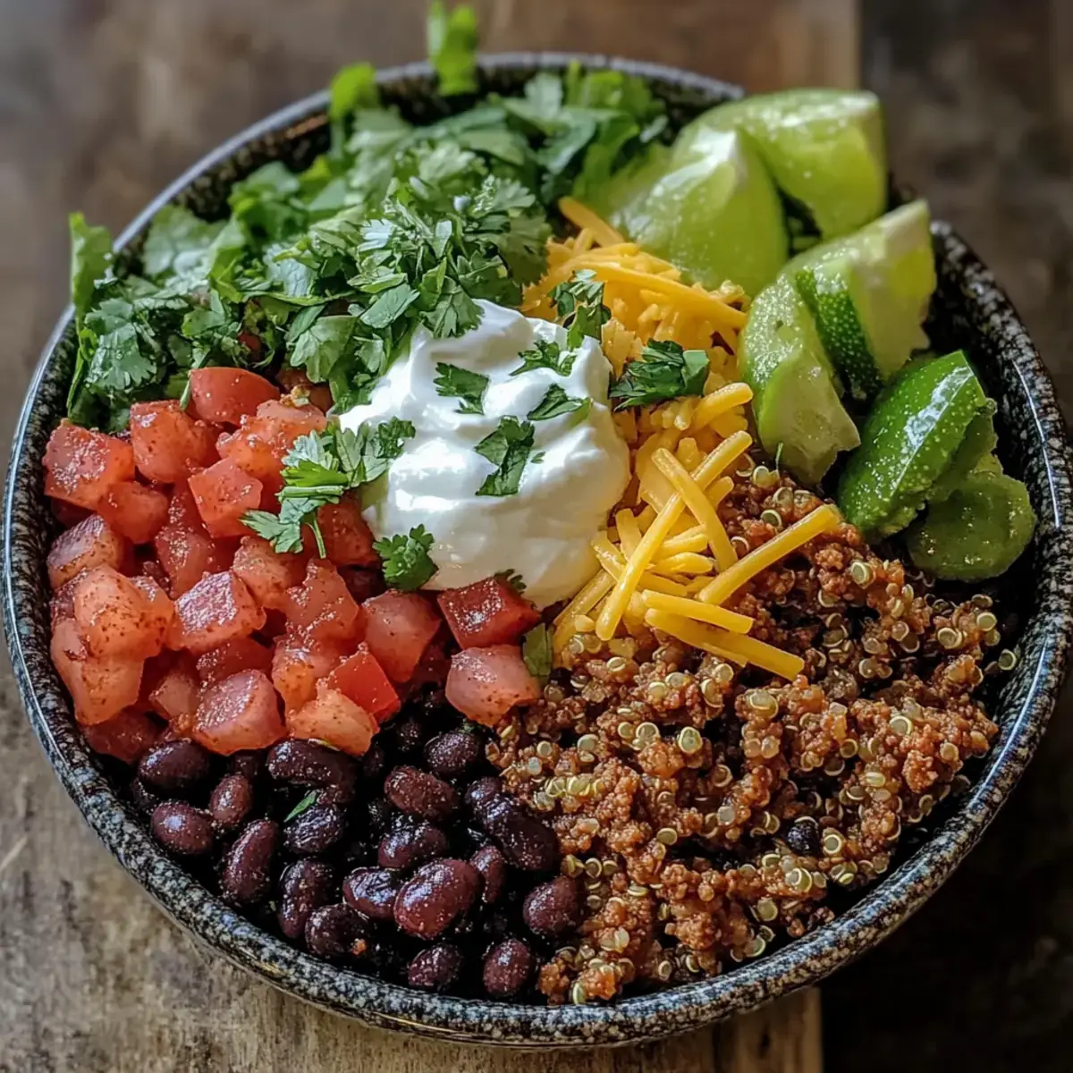 Hochproteinhaltige Rinderhackfleisch Taco Schüssel