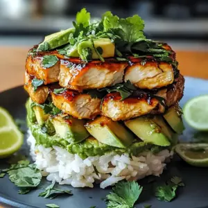 Honig-Limetten-Hühnchen Avocado Reis Stapel