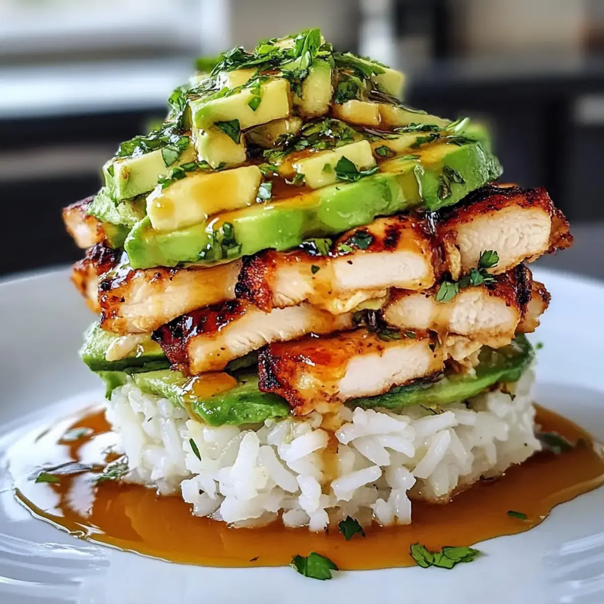 Hühnchen Avocado Reis Stapel