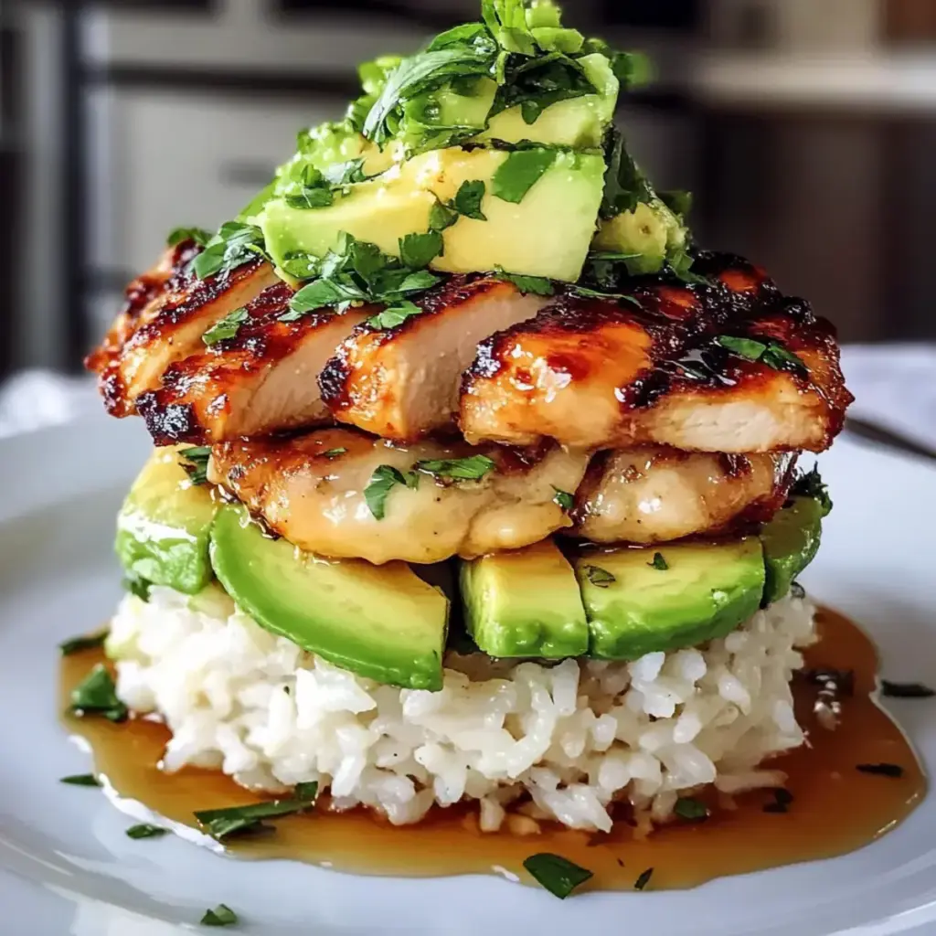 Hühnchen Avocado Reis Stapel