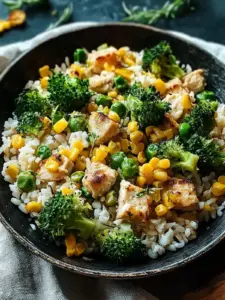 Hähnchen-Reis-Pfanne mit Brokkoli und Mais
