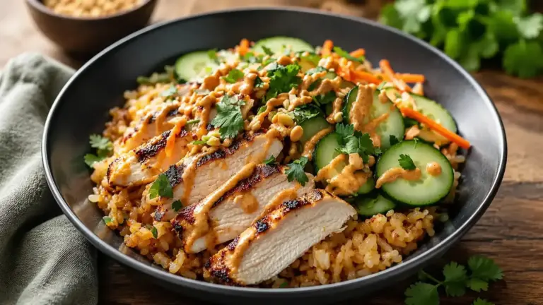 Hühnchen-Reis-Salat mit Erdnussdressing