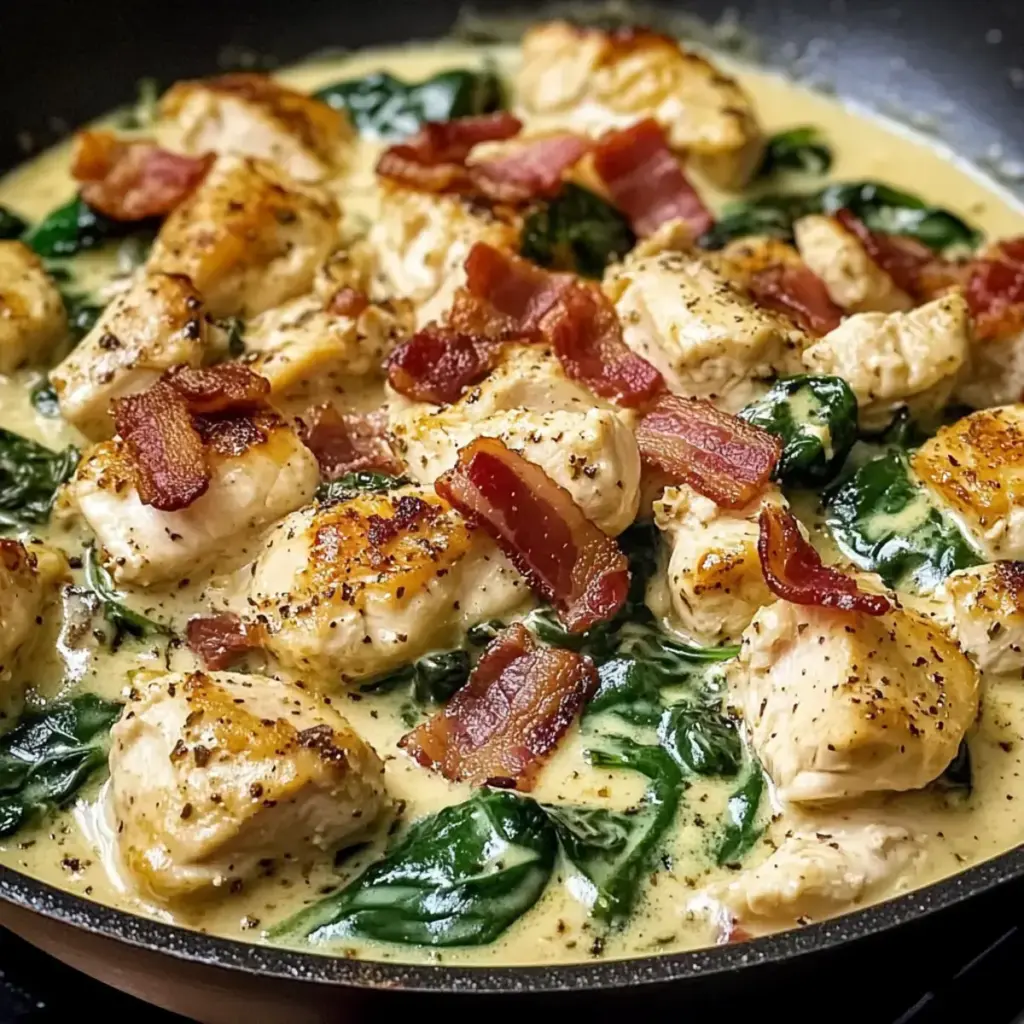 Hühnchen Speck Spinat Pfanne