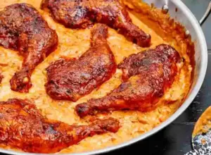 Knusprige Hähnchenschenkel mit würzigem Reis vom Blech