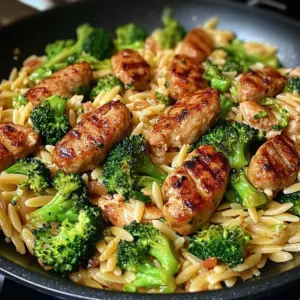 Hühnchenwurst, Brokkoli und Orzo-Pfanne