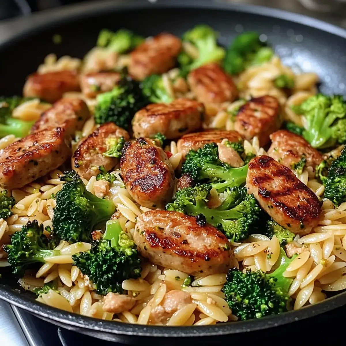 Hühnchenwurst Brokkoli Orzo Pfanne