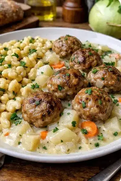 Kohlrabigemüse mit Frikadellen und Spätzle