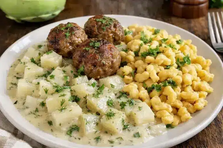 Kohlrabigemüse mit Frikadellen und Spätzle