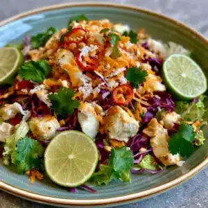 Exotischer Kokos-Limetten-Hähnchensalat mit Erdnuss-Dressing