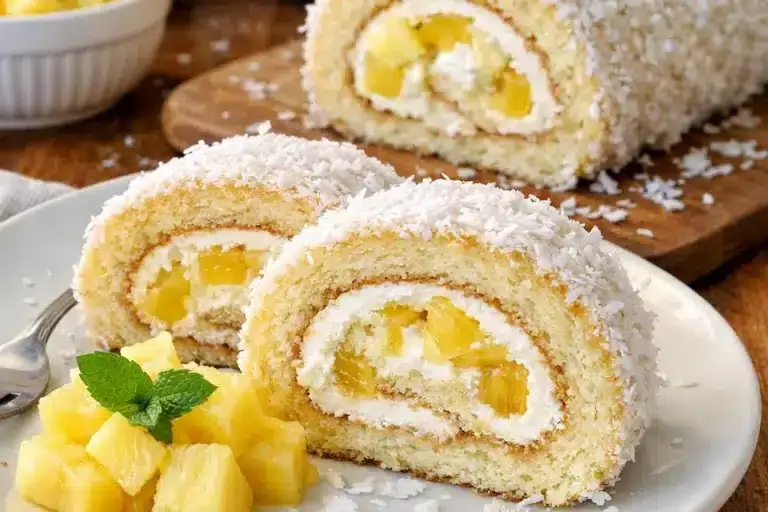 Kokosnuss-Biskuit-Rolle mit Ananas