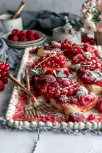 Saftiger Blechkuchen mit Kompott aus roten Beeren