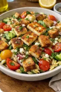 Kritharaki-Salat mit Halloumi-Croutons