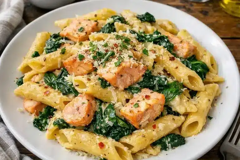 Lachs Penne mit Spinat
