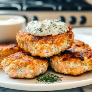 Knusprige Lachsfrikadellen mit scharfer Dill-Knoblauch-Dip