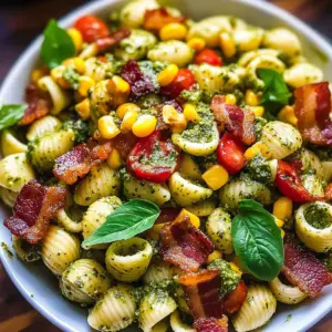 Mais-Pasta-Salat mit Speck und cremigem Pesto-Dressing