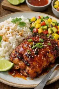 Maple Sriracha Hähnchen mit Kokosreis und Mango-Avocado-Salsa