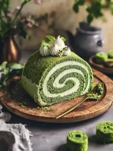 Fluffiger Matcha Rollenkuchen mit sahniger Füllung