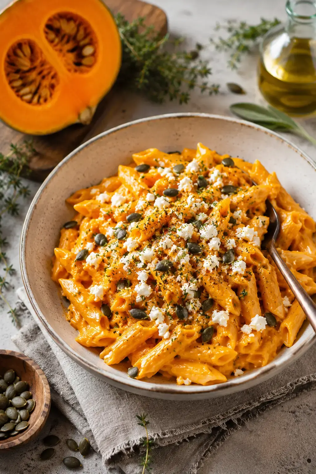 Nudeln mit Kürbissoße und Feta Rezept – Cremig und einfach 2 Nudeln mit Kürbissoße und Feta