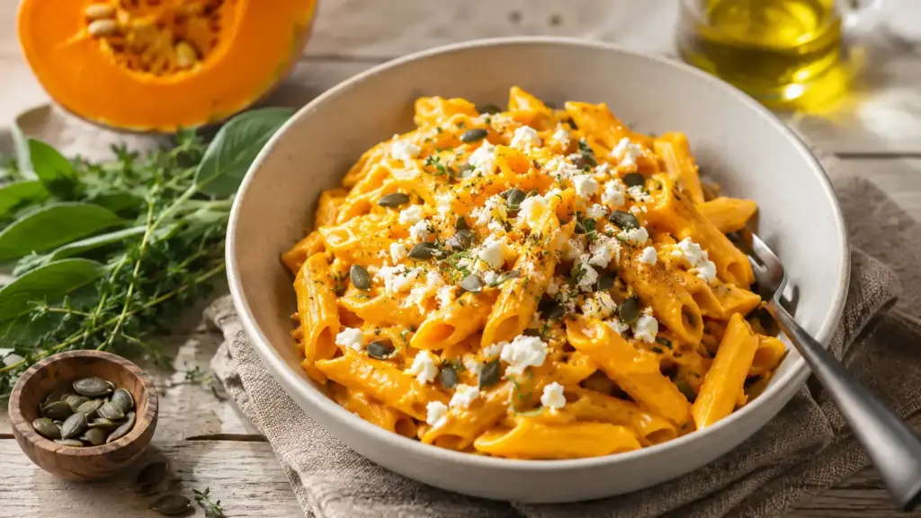 Nudeln mit Kürbissoße und Feta