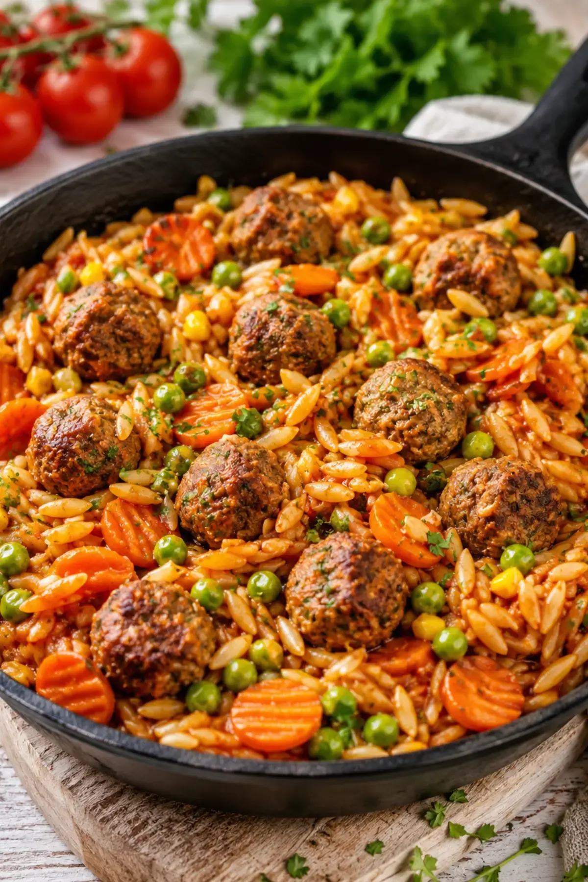 Orzo-Pfanne mit Hackbällchen