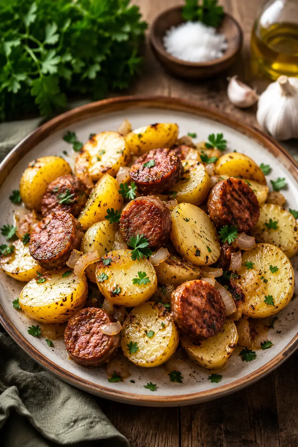 Papas mit Hähnchenwurst