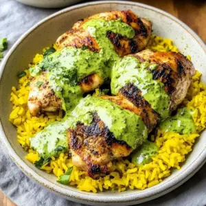 Peruanisches Hähnchen und gelber Reis mit cremiger grüner Sauce