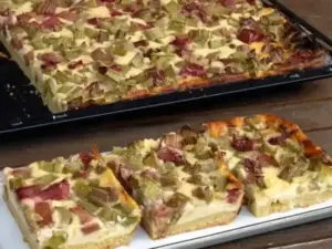 Quark Rhabarberkuchen mit Vanillepudding