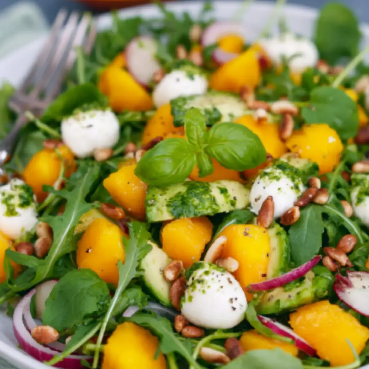 Rucola Mango Salat mit Pinienkernen