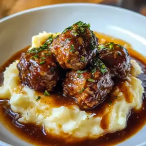Salisbury Steak Fleischbällchen mit Knoblauch-Kräuter-Stampfkartoffeln