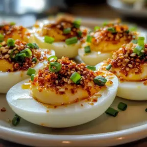 Sojasoße Teufels-Eier mit Chili Crunch