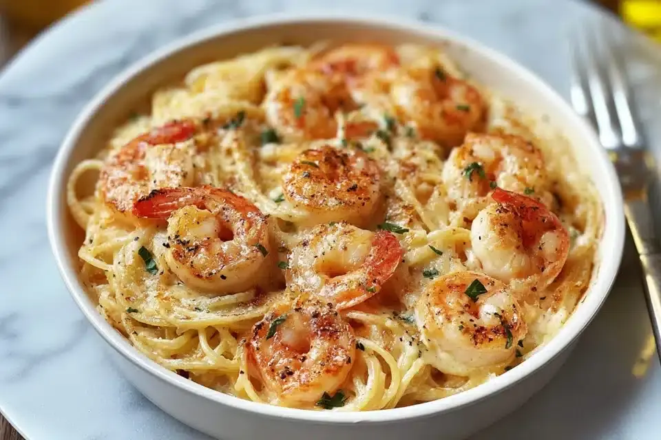 Spaghetti mit Garnelen in Frischkäsesauce