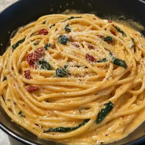 Spaghetti und Spinat mit getrockneter Tomaten-Sahnesauce