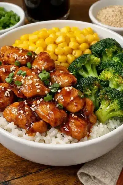 Teriyaki Hähnchen Reis Bowl mit Mais und Brokkoli 2 Teriyaki Hähnchen Reis Bowl