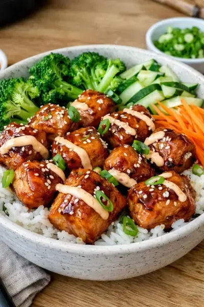 Reisschüssel mit Teriyaki Lachs Häppchen aus der Heißluftfritteuse 2 Teriyaki Lachs Bowl Heißluftfritteuse