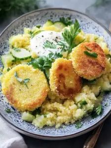 Vegane Kartoffel-Couscous-Taler mit cremigem Gurkensalat