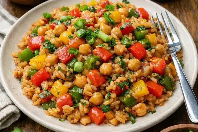 Vegane Paprika-Reis-Pfanne mit Kichererbsen