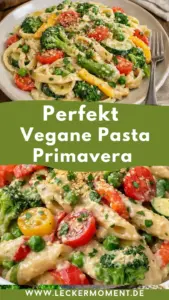 Vegane Pasta Primavera mit cremiger Knoblauch-Cashew-Sauce