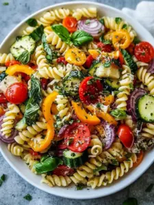Mediterraner vegetarischer Nudelsalat mit geröstetem Gemüse