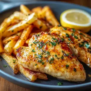 Hähnchenfilet in würziger, cremiger Knoblauch-Parmesan-Sauce mit Pommes frites